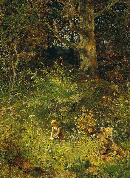 A girl gathering flowers in a forest glade