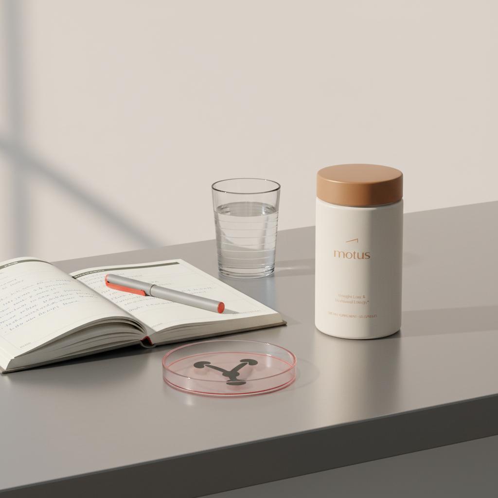 Tonum-style supplement bottle on a clean lab bench with an open research notebook, glass of water and petri dish showing a stylized mitochondrion, illustrating CoQ10 neuroprotection.