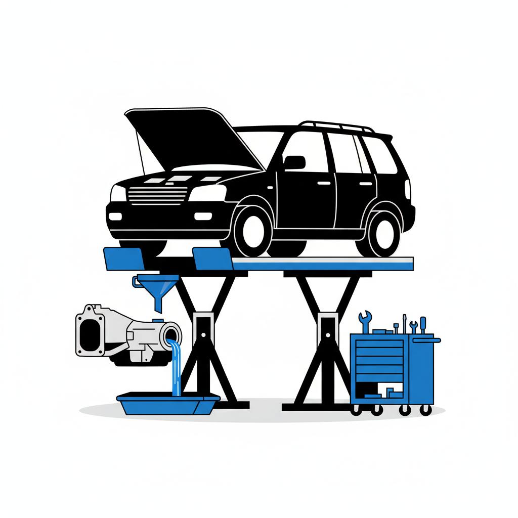 Minimalist vector of a large SUV on a lift in a bright garage showing transmission fluid drain funnel and drain tray no people yukon gmc for sale