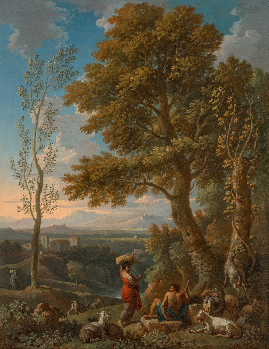 A classical Italianate landscape with a goatherd and his flock mountains beyond