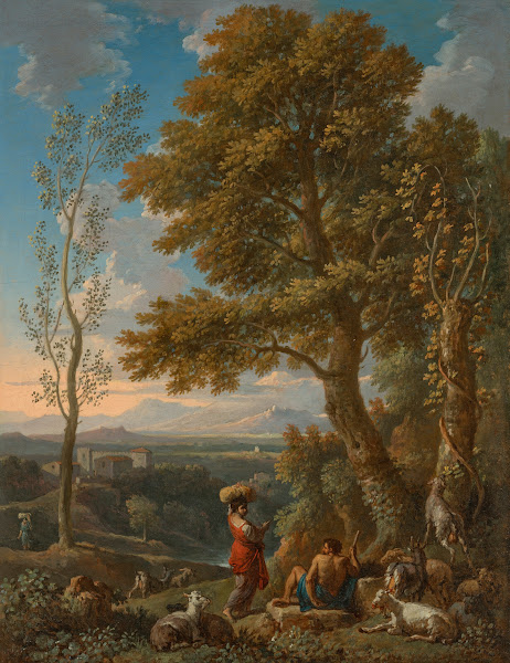 A classical Italianate landscape with a goatherd and his flock mountains beyond