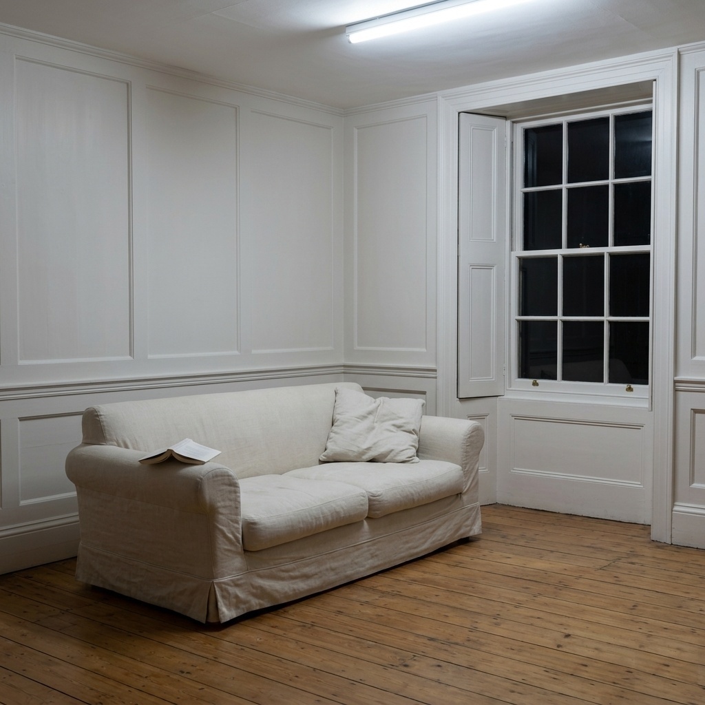 The flat overhead light in the room, the kind of lighting a reading corner is meant to replace.