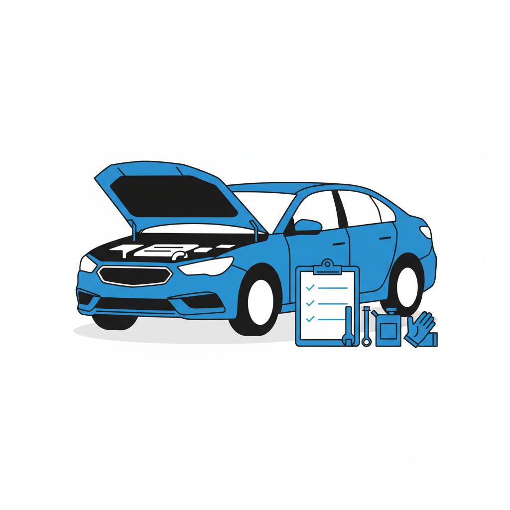 Minimalist 2D vector of an open car hood with a clipboard checklist and mechanic tools in CarFax Deals blue indicating a chevy impala for sale inspection