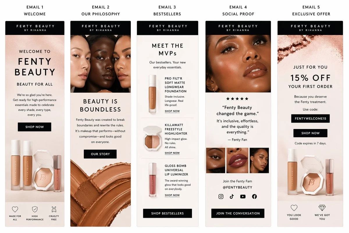 Crea una plantilla de secuencia de correos electrónicos elegante para Fenty Beauty.