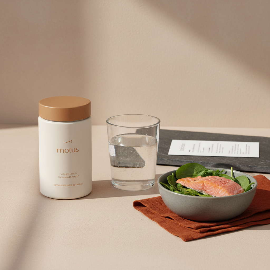 Tonum Motus jar next to a glass of water and a salmon and greens bowl on a beige counter, illustrating how much of the brain is water in a clean nutrition context.