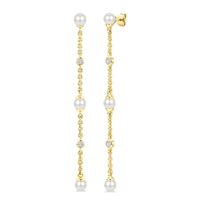 Pearl & Diamond Station Long Chain Earrings
