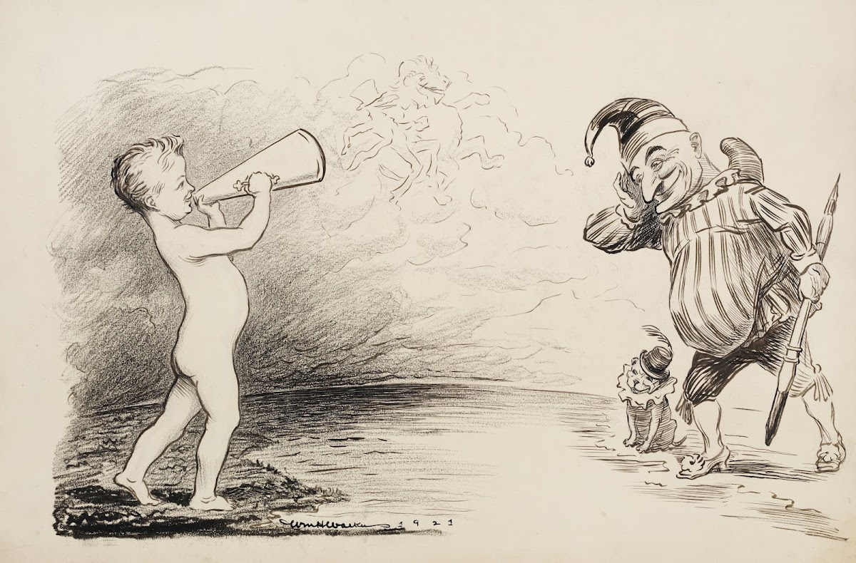 A young boy shouts through a megaphone at a man and a dog wearing jesters outfit