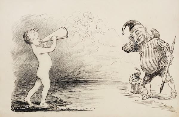 A young boy shouts through a megaphone at a man and a dog wearing jesters outfit