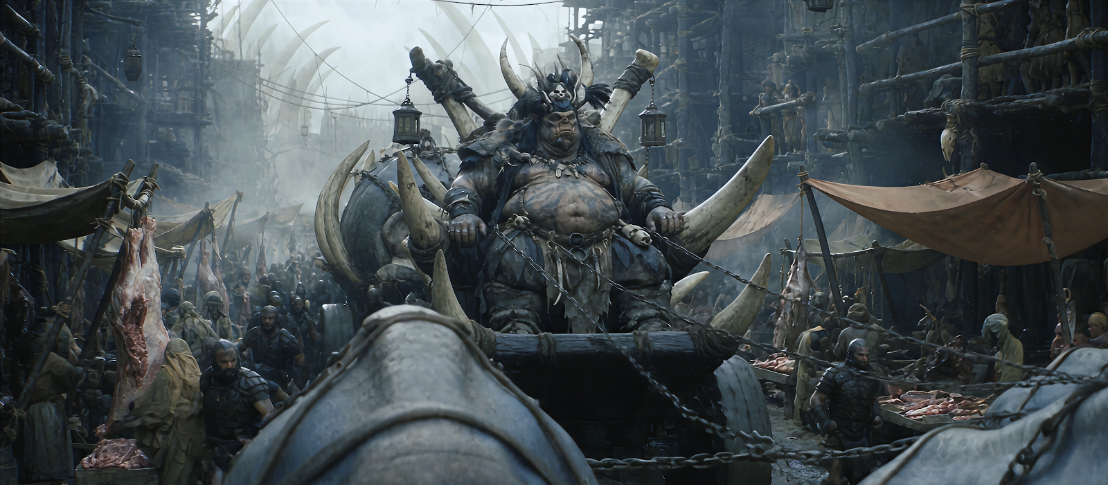 Mordrak on his throne during a procession through Khar’Mud in The Hunt Prologue III