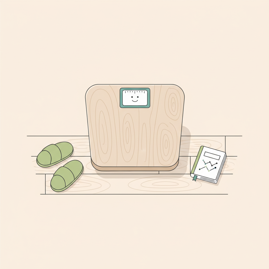 Waage mit Smiley-Display auf Holzfußboden, gemütliche Pantoffeln und Notizbuch – motivierende Illustration zum Bauchspeck schnell loswerden