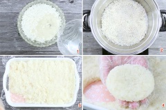 Nếp vo sạch rồi đem ngâm qua đêm hoặc tối thiểu là 8 tiếng cho nở mềm. Sau đó, hấp chín. Sau khi xôi chín, dàn xôi ra một cái mâm đã thoa một ít dầu ăn và cắt thành từng miếng tròn vừa ăn. Băm nhỏ củ sắn, cà rốt và nấm mèo.