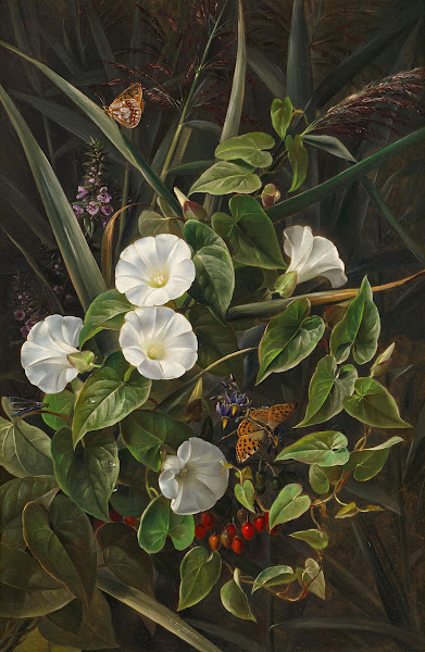 Stillleben mit weißen Winden Schilfgras Hagebutten und zwei Schmetterlingen 1843