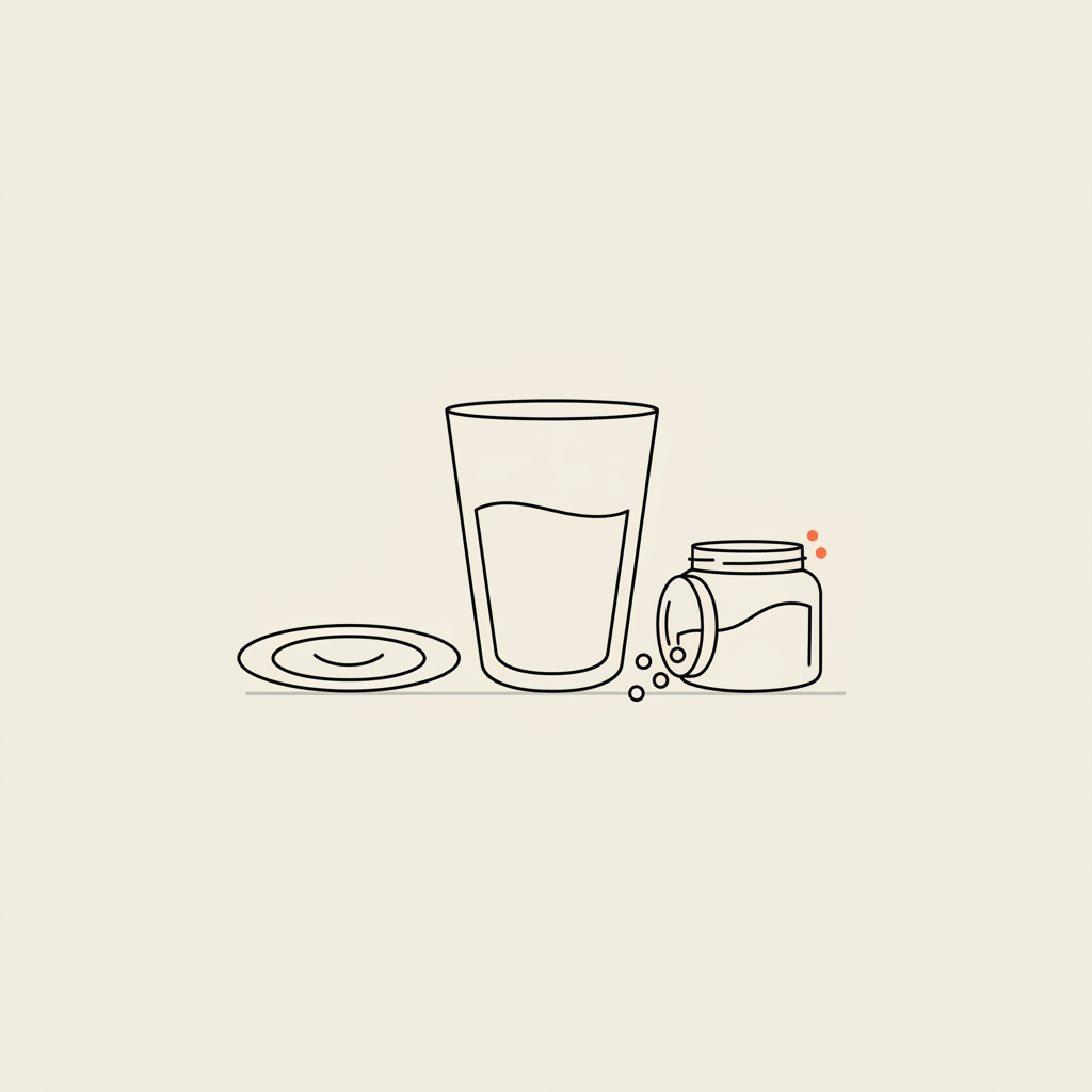 Minimal Tonum-style line illustration of a glass of water, an open jar with powder grains, and a plate with a portion reference on a beige background — psyllium for weight loss