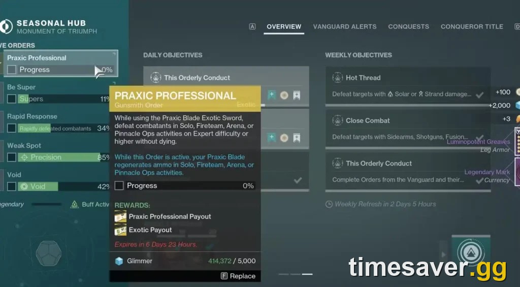 The Destiny 2 Seasonal Hub Orders screen showing Common, Legendary and Exotic Order progress, the primary source of Exotic Ciphers and catalysts in the Monument of Triumph update