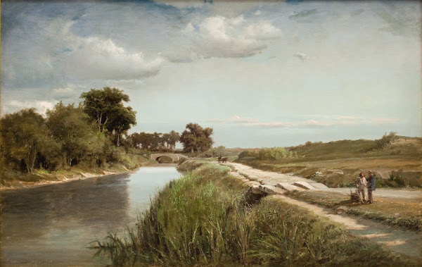 Fransk flodlandskab med en bro 1866