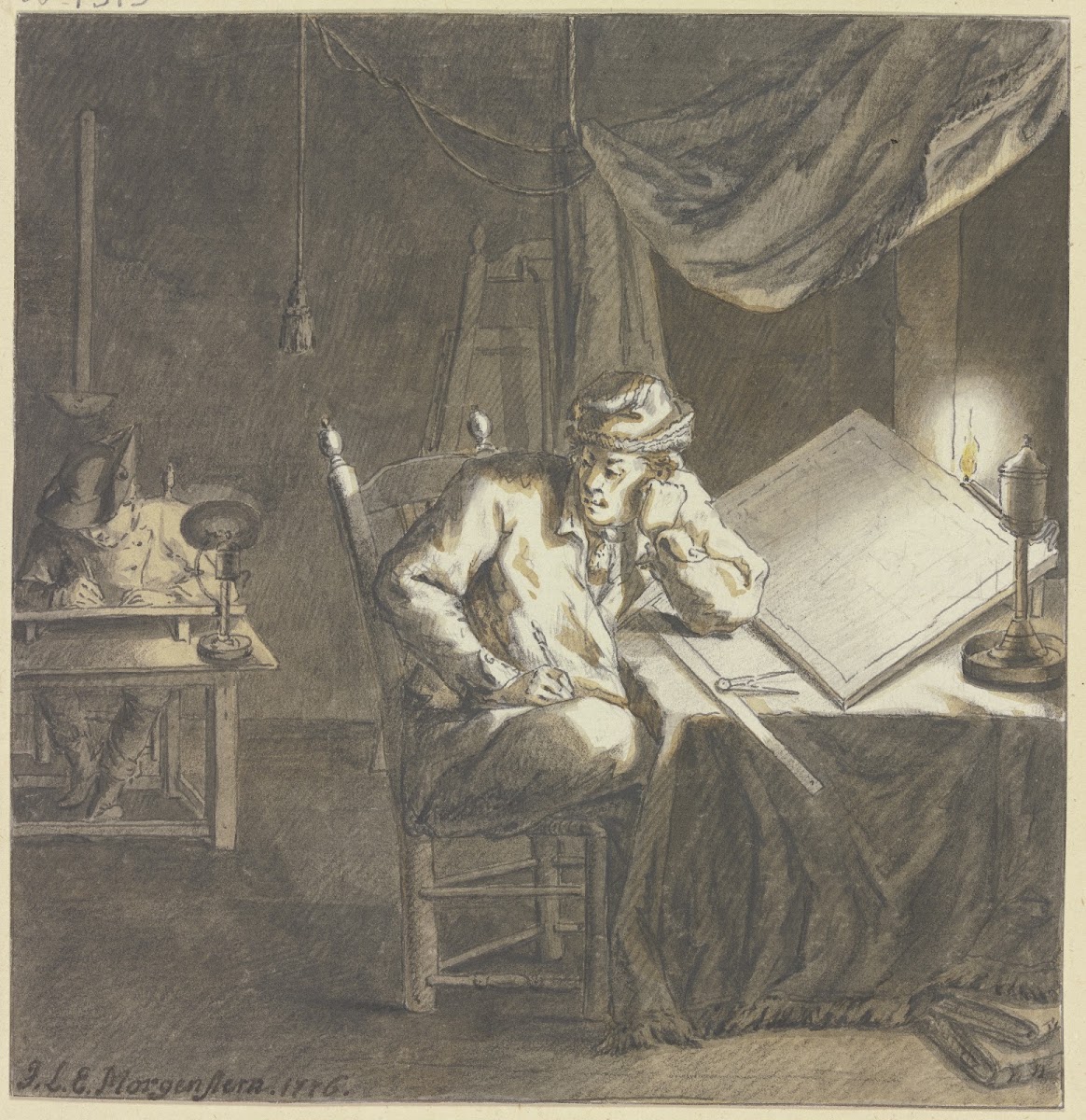 Maler und Geselle im Atelier bei Lampenlicht an ihren Zeichentischen arbeitend 1