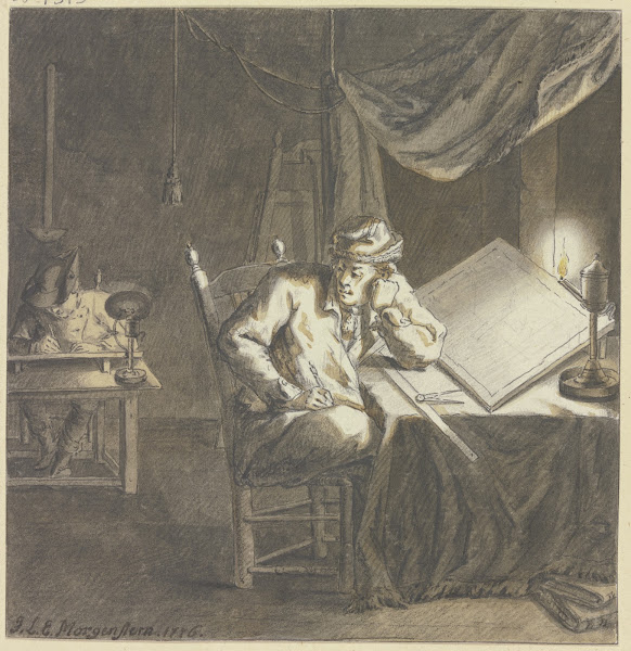 Maler und Geselle im Atelier bei Lampenlicht an ihren Zeichentischen arbeitend 1