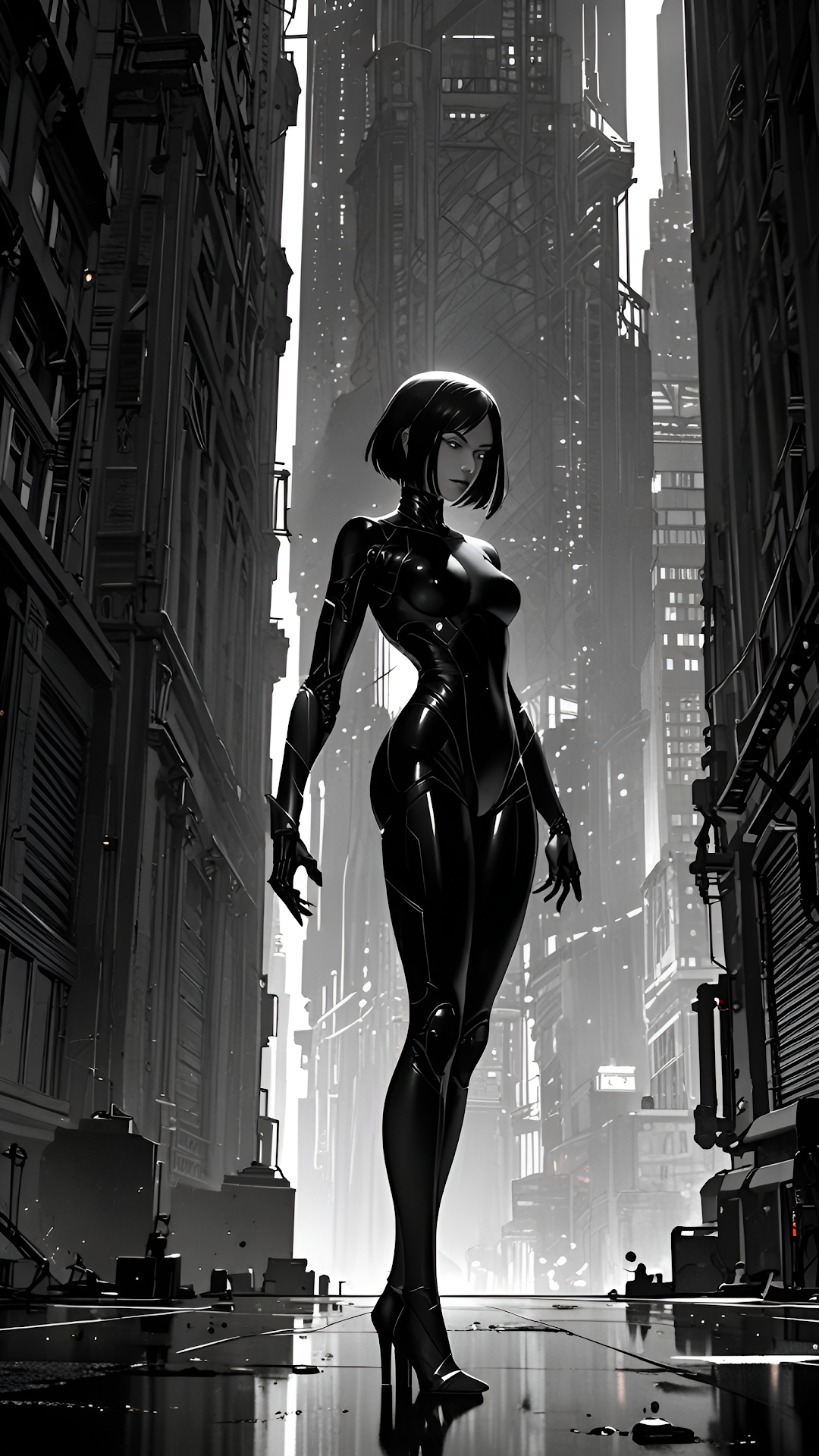 Monochrome Cyber Agent in Black Catsuit in Dystopian City - Free 4K mobile Wallpaper