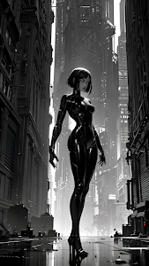 Monochrome Cyber Agent in Black Catsuit in Dystopian City