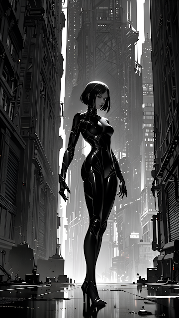 Monochrome Cyber Agent in Black Catsuit in Dystopian City - Free mobile Wallpaper