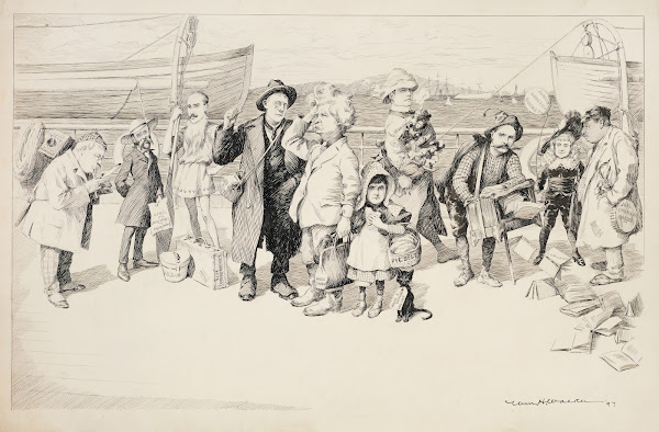 Several historical figures standing on a dock including Mark Twain Joel Chandler