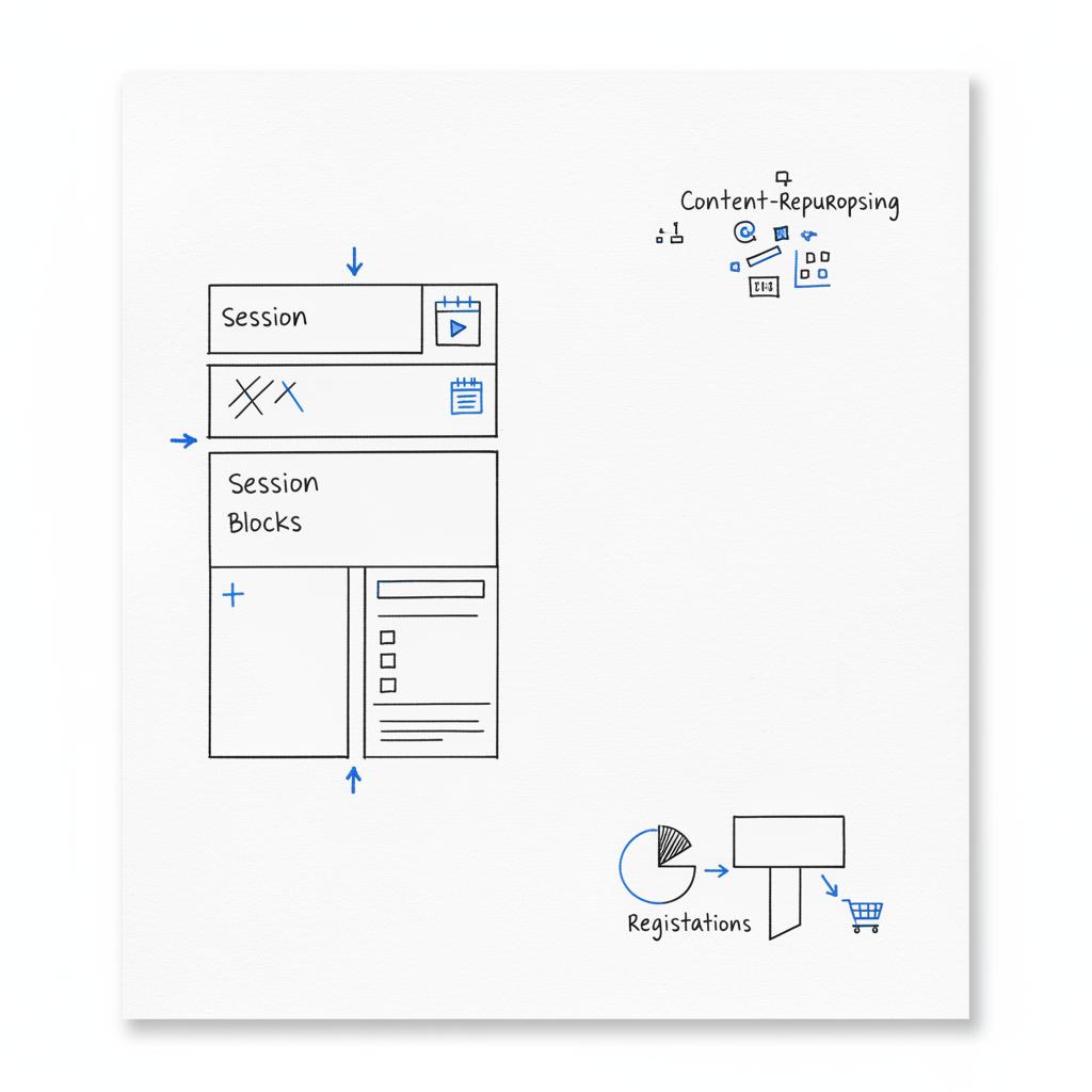 Top-down notebook sketch showing session boxes, content repurposing notes and a funnel from registrations to post-event purchases &mdash; 4 C's of event marketing