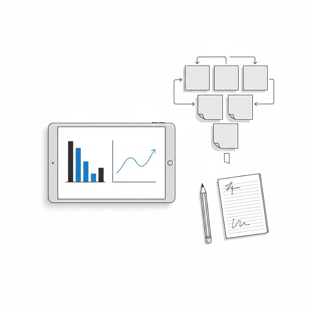 Overhead 2D vector of a minimalist white desk with a tablet showing simple bar and line charts, a pencil, and sticky notes arranged into a funnel for instagram ads