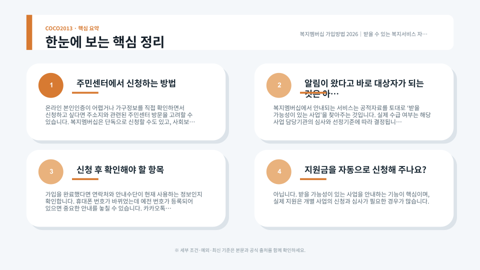 복지멤버십 가입부터 맞춤형 복지서비스 알림 확인까지의 절차를 설명하는 복지 안내 장면