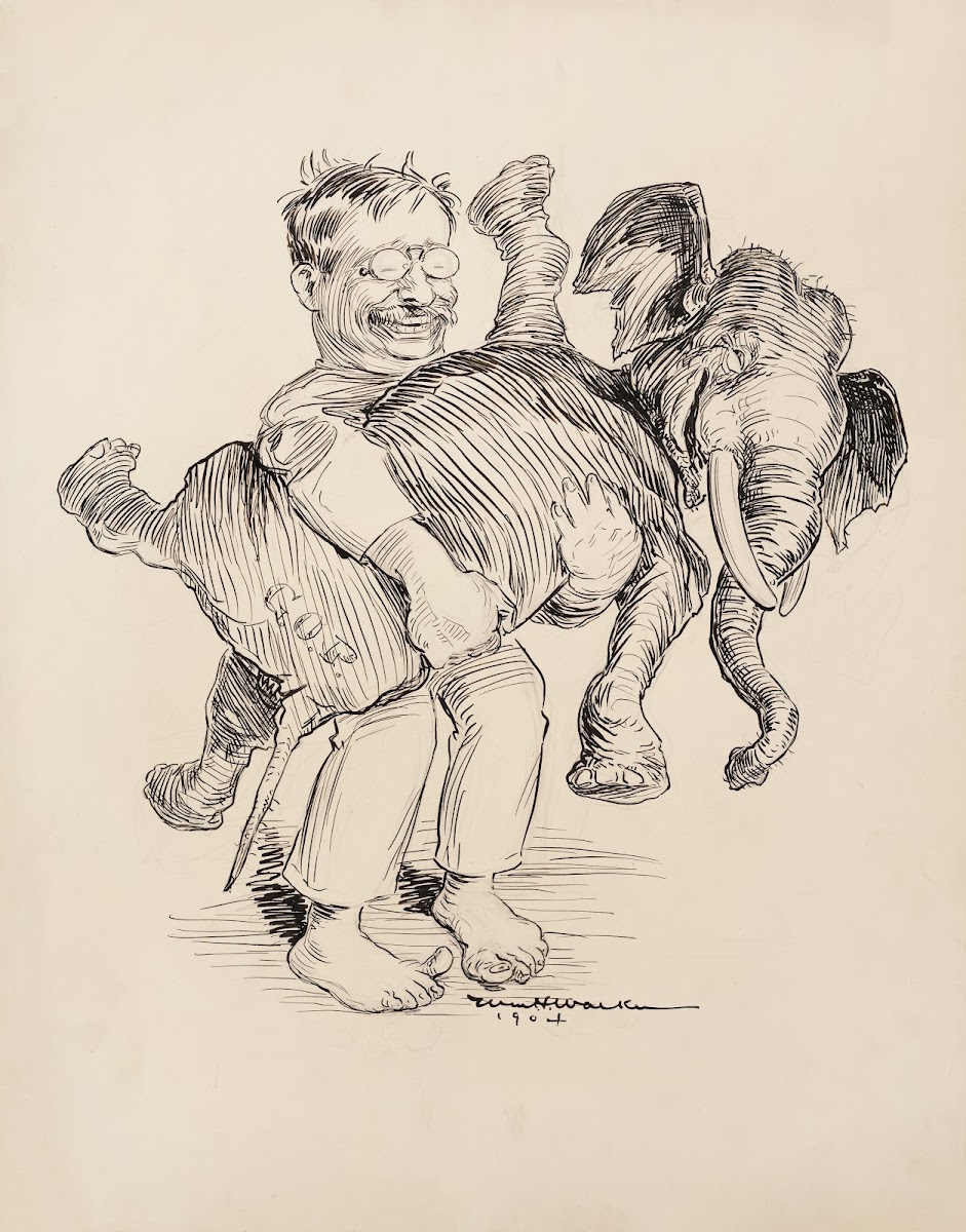 Theodore Roosevelt holding the Republican Party elephant Both are laughing 1904