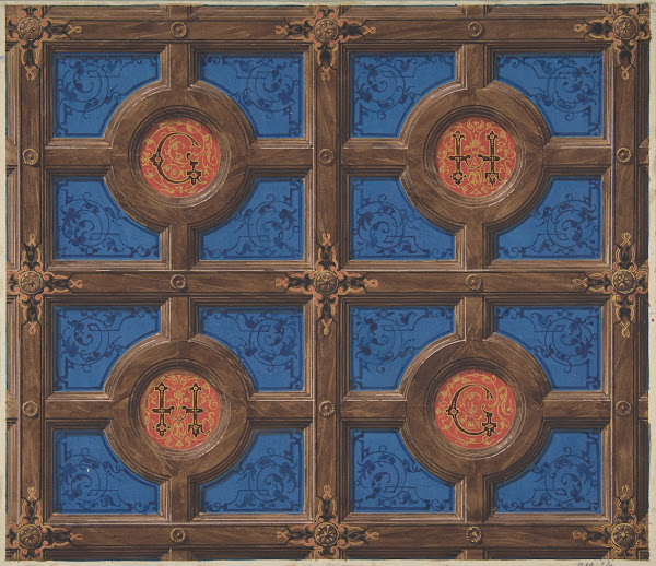 Design for the painted decoration of a coffered ceiling incorporating initials G