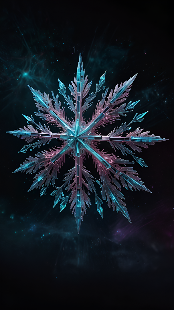 Iridescent Snowflake Glowing Against Cosmic Nebula Background