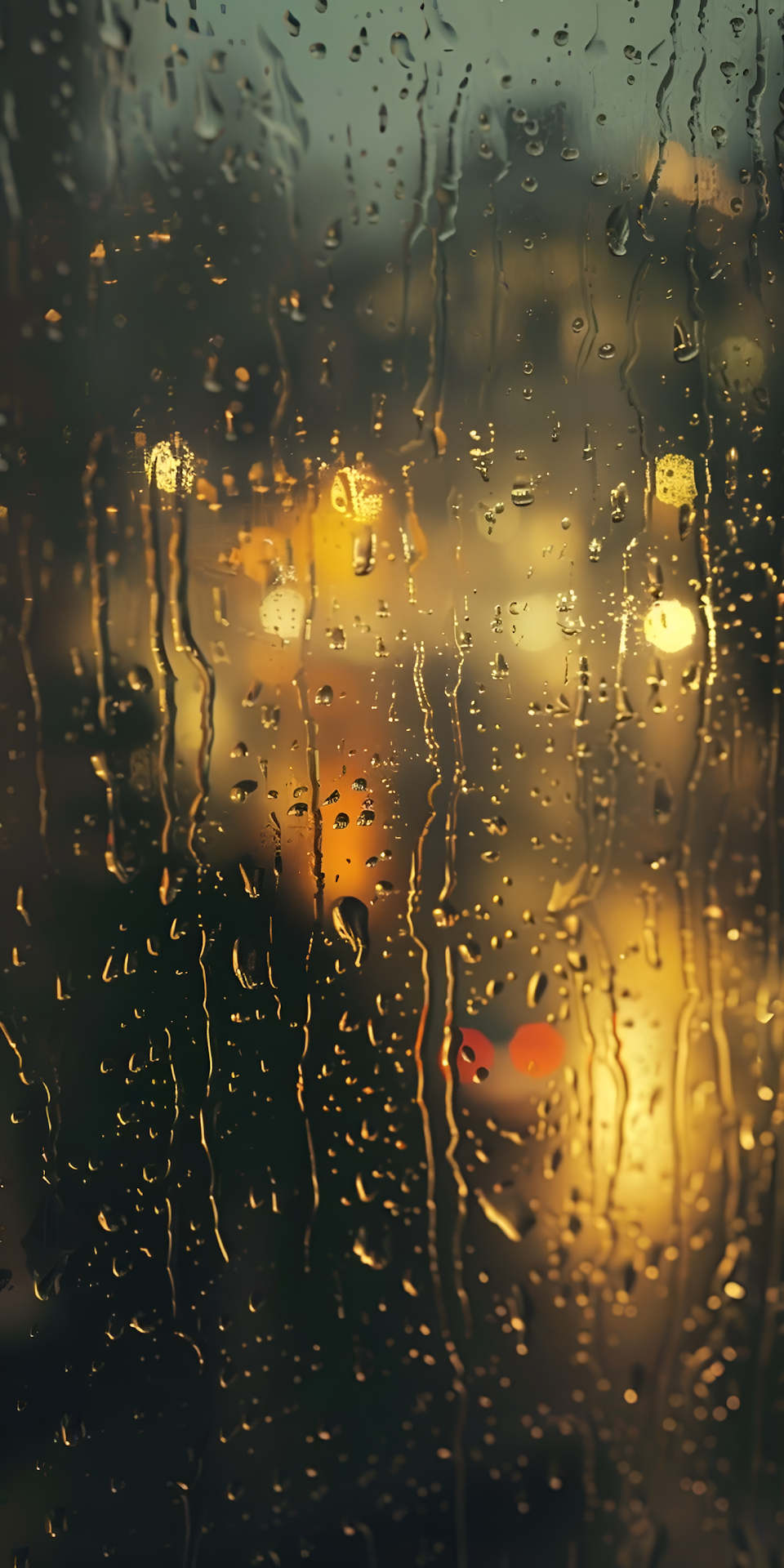 Rainy Window Pane Golden City Lights Bokeh Night View - Free 4K mobile Wallpaper