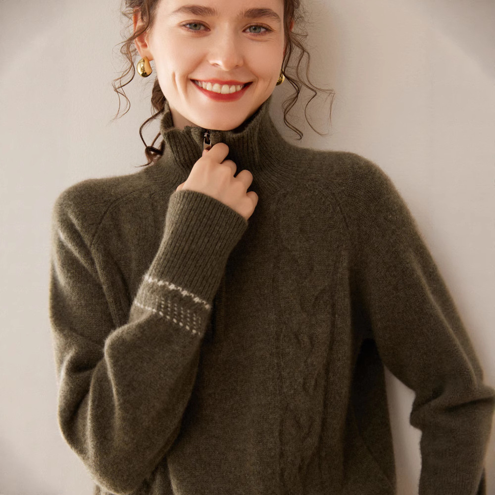 Women's Cashmere Sweater with Stand Collar and Zipper