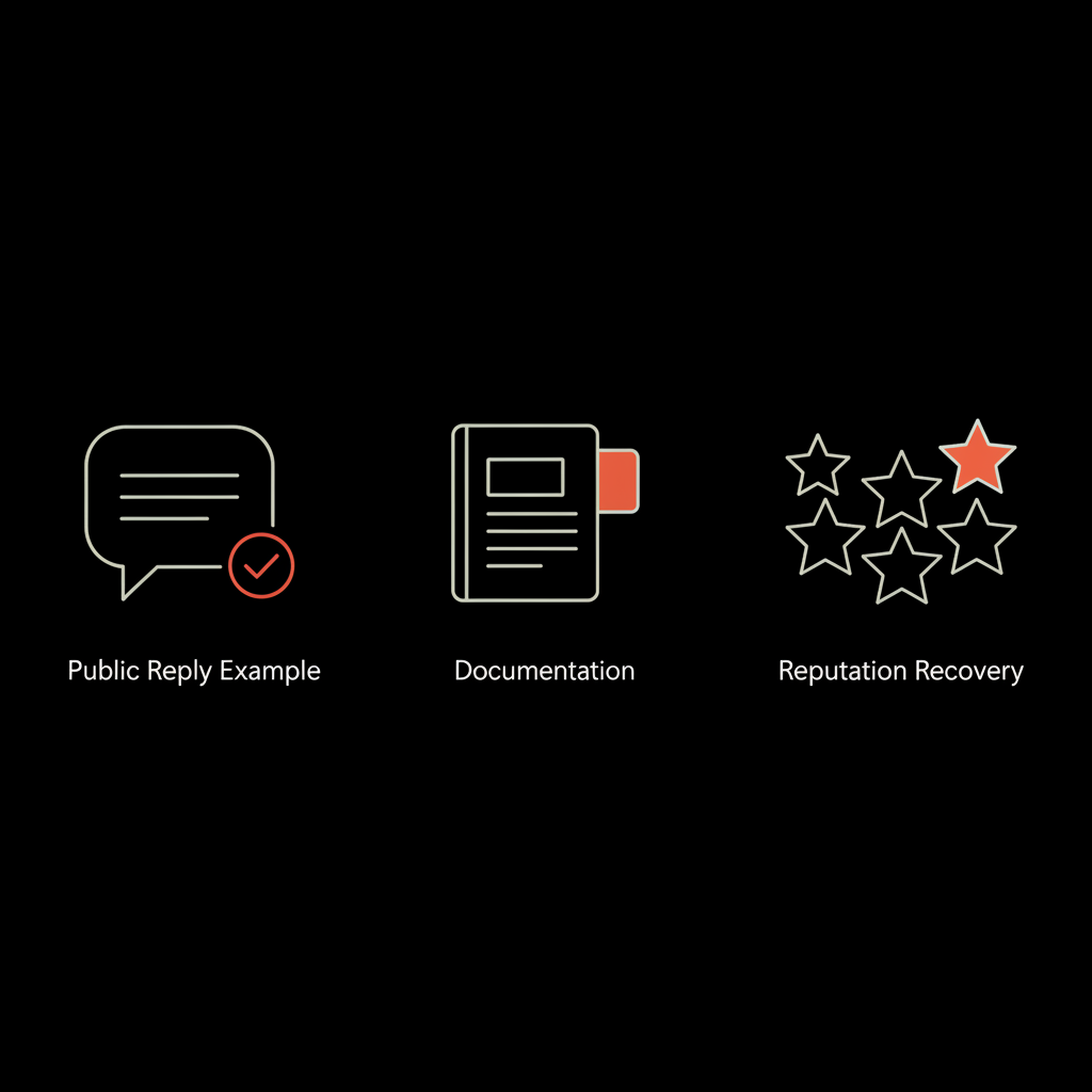 Minimal flat vector infographic showing a public reply icon, a logbook icon, and a star cluster for reputation recovery in Social Success Hub colors to remove 1 star review Google