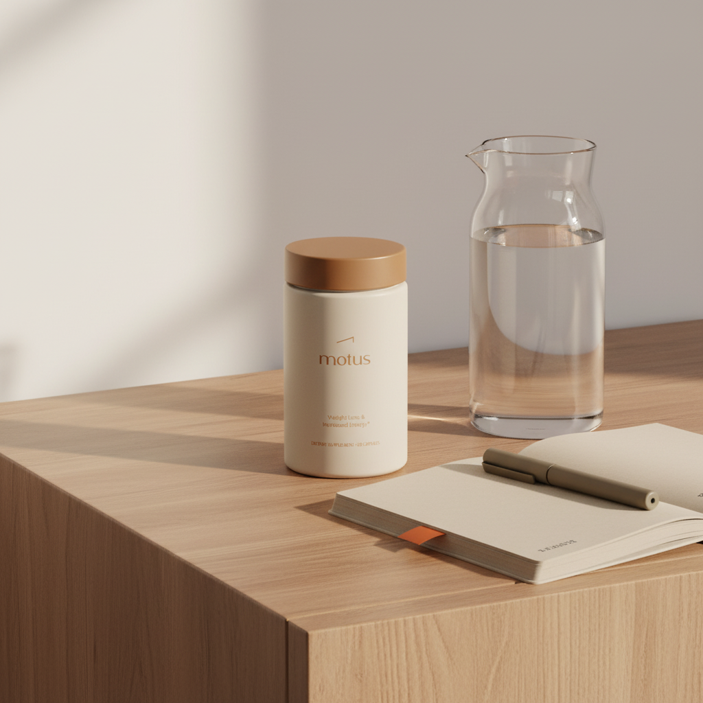 Tonum Motus supplement bottle on a wooden bedside table with a journal and carafe of water, calm minimalist wellness scene related to garcinia cambogia dosage.