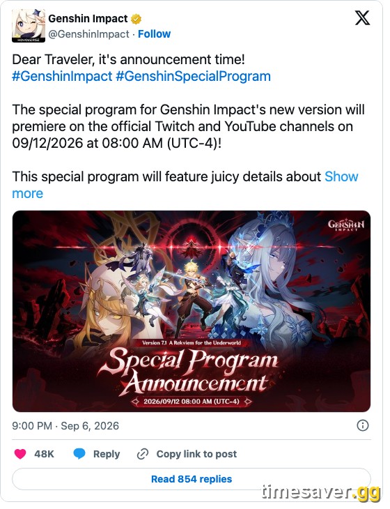 Official Genshin Impact Version 7.1 Special Program date and time announcement