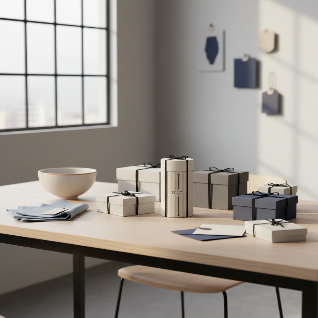 Esszimmertisch mit geschmackvoll verpackten Geschenken und dem Produkt aus den Referenzfotos – wie viel geld schenken konfirmation, ruhige minimalistische Innenaufnahme