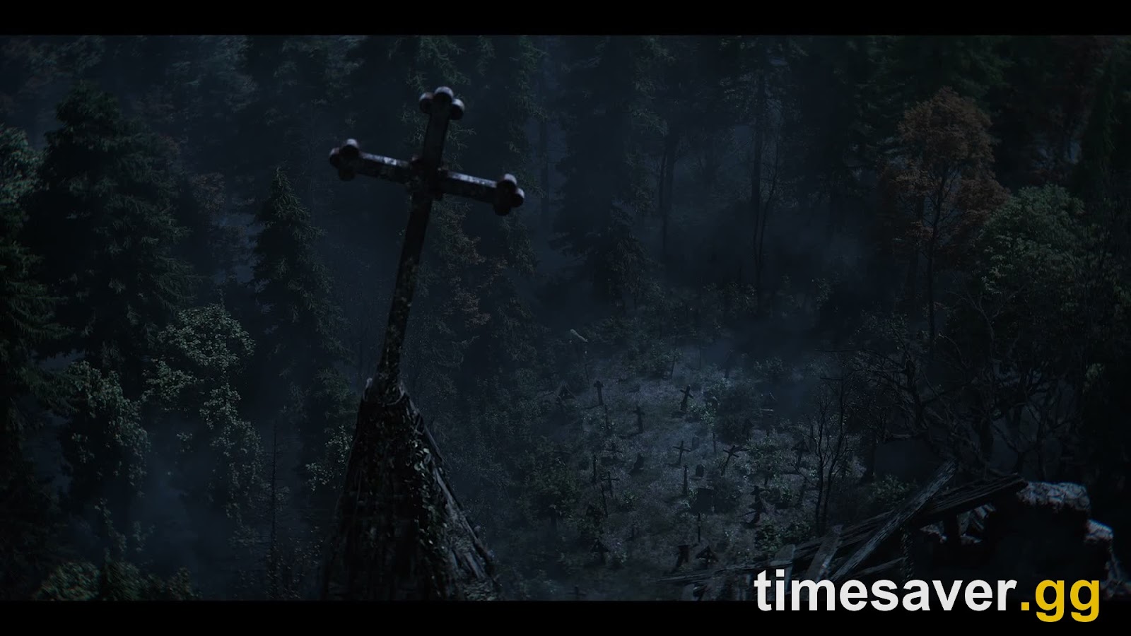 A weathered stone wayside crucifix in a misty pine forest, setting the dark-fantasy tone of The Blood of Dawnwalker's 14th-century Carpathian world