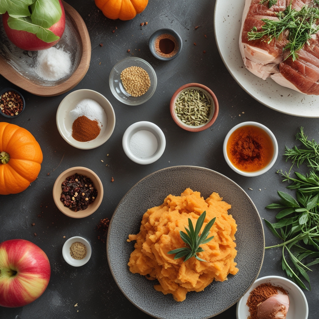 Ingredients for Apple Cider Pork with Mashed Sweet Potatoes – Cozy, Sweet-Savory & Fall Comfort on a Plate! Easy Weeknight Meal
