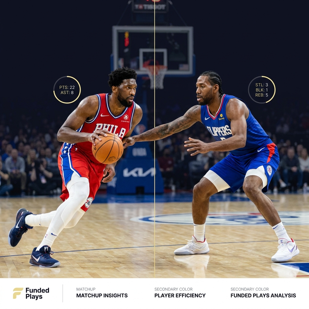 Split screen action photo of a 76ers ball handler and a Clippers defender with subtle metric callouts in Funded Plays style 76ers prediction