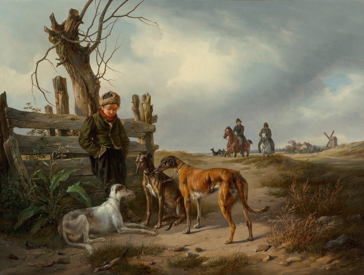Young boy resting beside a fence with hunting dogs 1835