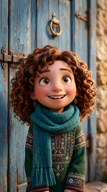 Expressionistic 3D Cartoon Girl in Scarf Against Wooden Door - Free mobile Wallpaper