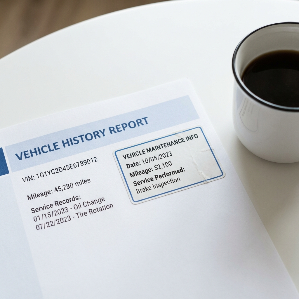 Close up of vehicle history report and door jamb sticker showing mileage and service dates beside a coffee cup on a white table honda car dealer near me
