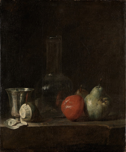 Still life with glass bottle and fruits ca 1728