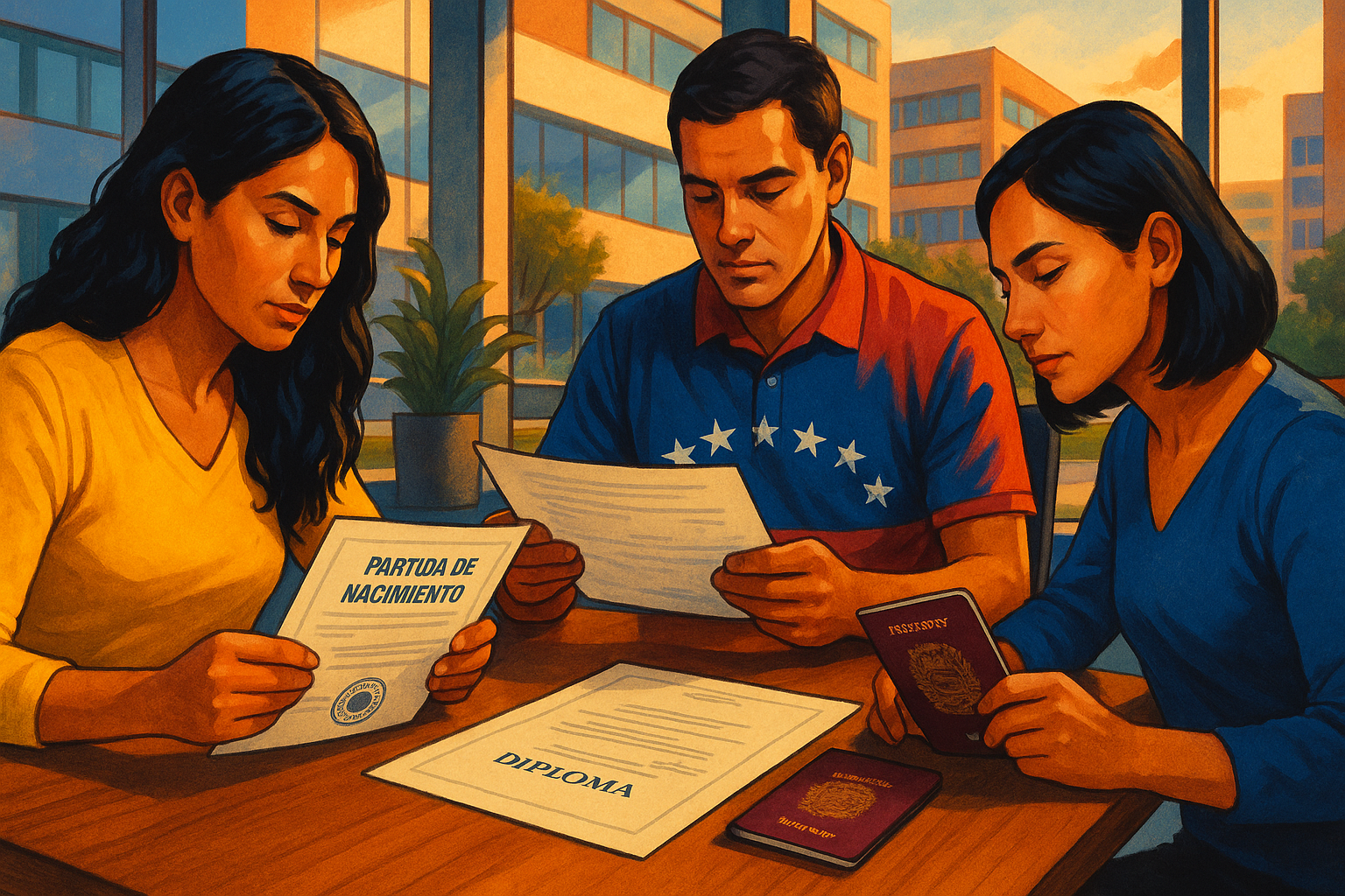 Venezolanos revisando documentos y apostilla para trámites migratorios en el exterior