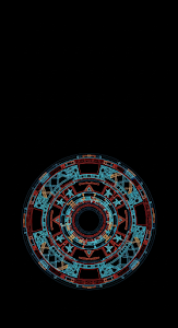 Intricate Dark Circular Tribal Geometric Pattern with Neon Line Art Details