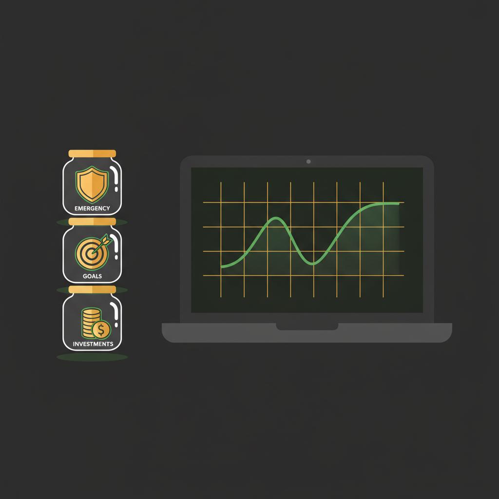 Minimal 2D vector illustration of stacked savings jars with subtle icons for emergency goals and investments beside a blurred laptop showing a simple chart on black background with green and gold accents Bitcoin