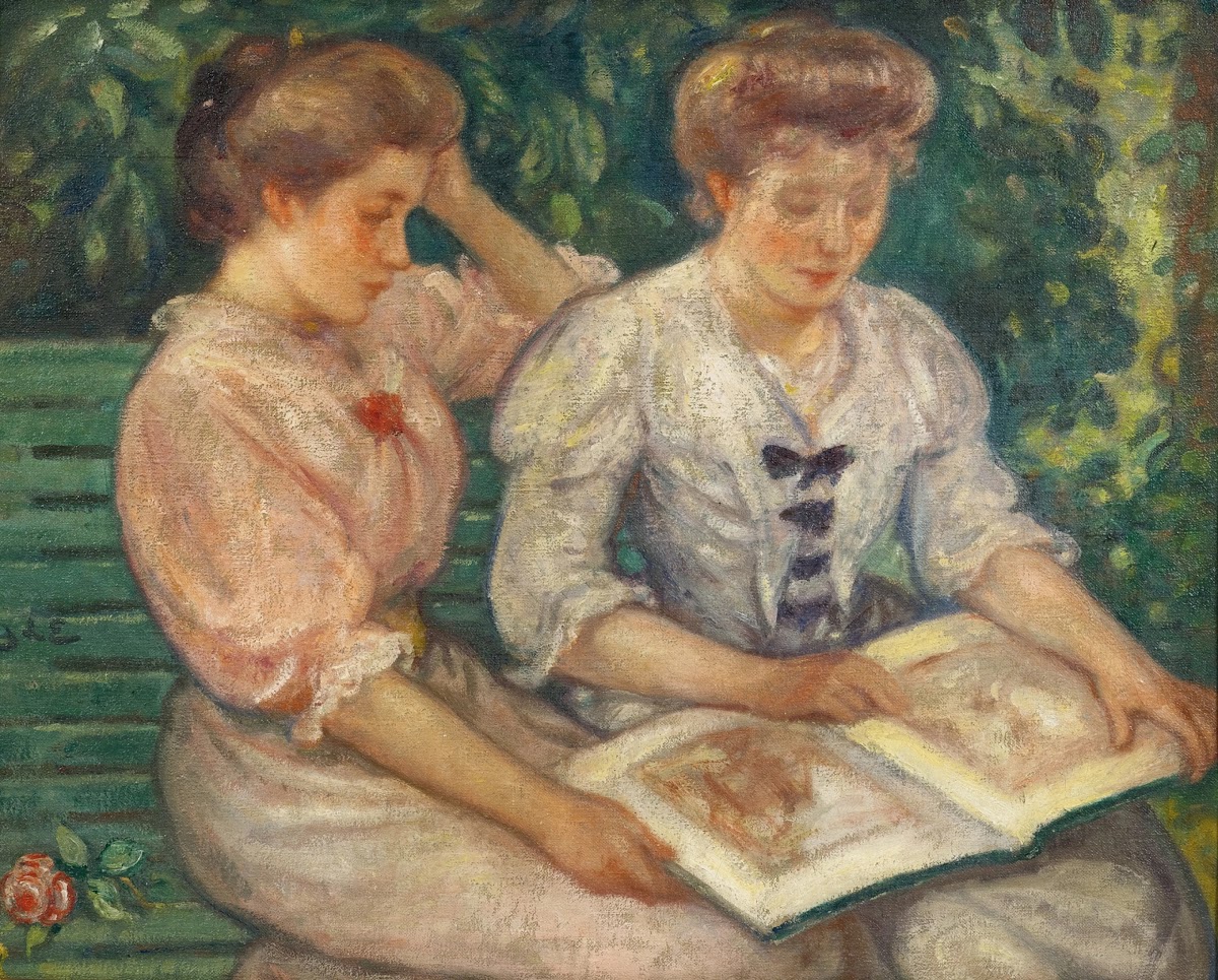 Blanche Viau et Alice Viau Deux jeunes filles lisant sur un banc 1903