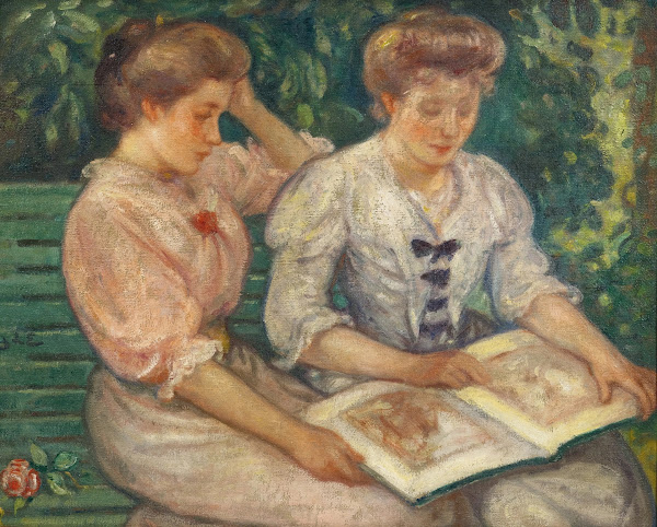 Blanche Viau et Alice Viau Deux jeunes filles lisant sur un banc 1903
