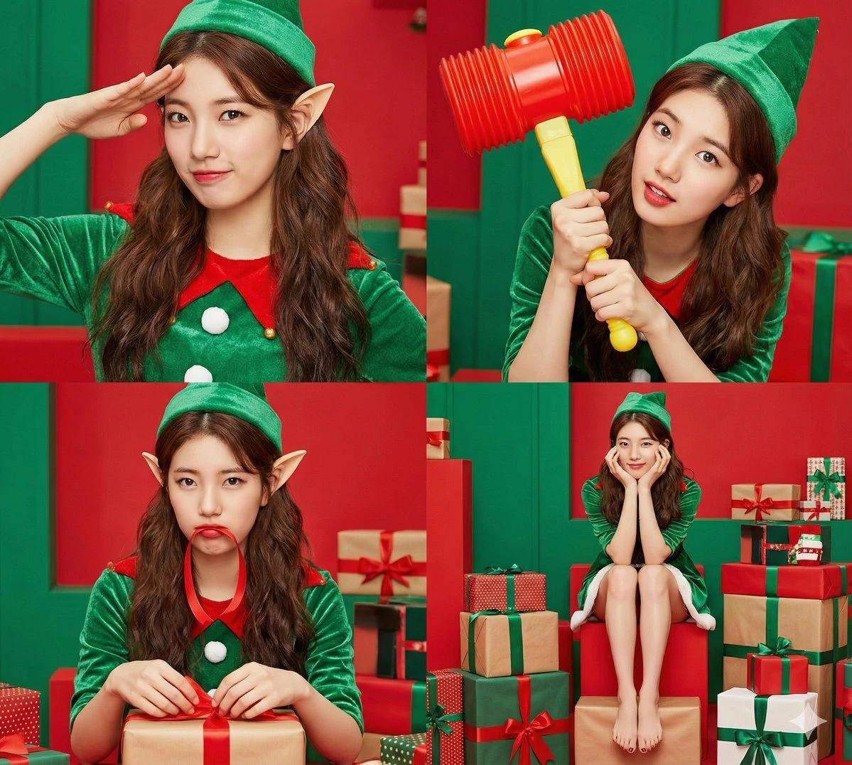 Collage de 4 piezas con personajes femeninos de elfas navideñas